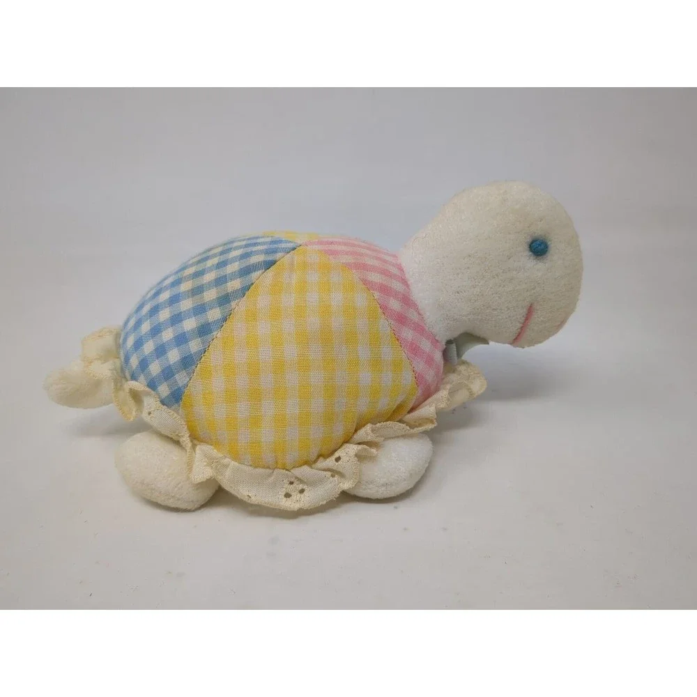 Eden Toys Plaid Pastel Turtle Tortoise Rattle Plush Lace VTG 60s 70s 80s